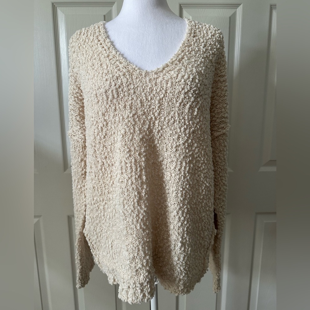 Entro Popcorn Knit Sweater, V-Neck, Cream, Large